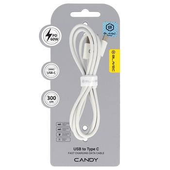 Blavec Kabel Candy oplot - USB na Typ C - PD 60W 3A 3 metry Apple CarPlay/Android Auto (CCA-UC3W30) biały