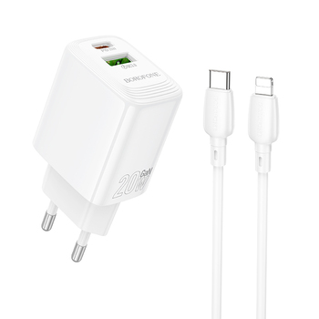 Borofone Ładowarka sieciowa BN27 Fuente - USB + Typ C - QC 3.0 PD 20W z kablem Typ C na Lightning biała