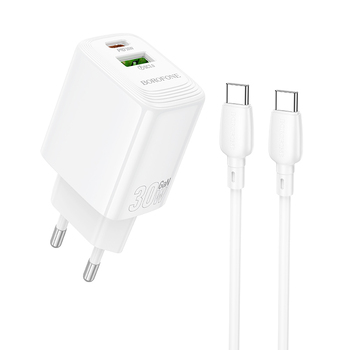 Borofone Ładowarka sieciowa BN29 Fuente - USB + Typ C - QC 3.0 PD 30W z kablem Typ C na Typ C biała