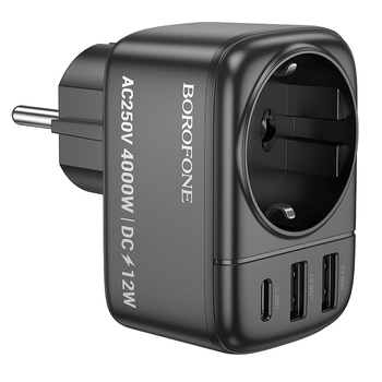 Borofone Ładowarka sieciowa BAC14 Wide - 2xUSB + Typ C + gniazdo sieciowe - 12W czarna