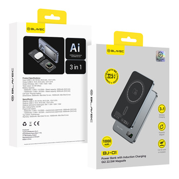 Blavec Power Bank 10000mAh BJ01 Slim 15mm - Typ C - 22,5W magnetyczny indukcyjny Magsafe 3 w 1 (PBBJ01-MC10G) szary