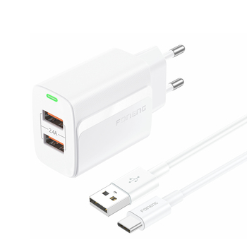 Foneng Ładowarka sieciowa EU63 - 2xUSB - 12W z kablem USB na Typ C biała