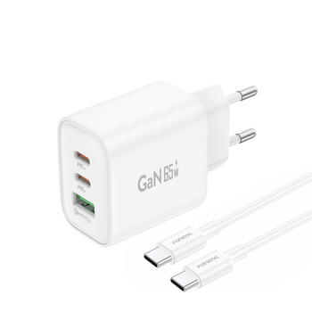 Foneng Ładowarka sieciowa GaN10-EU - USB + 2xTyp C - QC 4.0+ PD 65W z kablem Typ C na Typ C biała