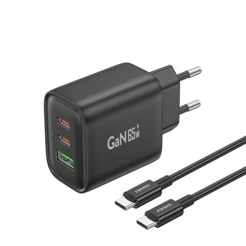 Foneng Ładowarka sieciowa GaN10-EU - USB + 2xTyp C - QC 4.0+ PD 65W z kablem Typ C na Typ C czarna