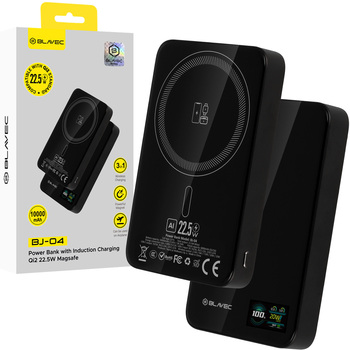 Blavec Power Bank 10000mAh BJ-04 Slim 13,5mm - Typ C - 22,5W magnetyczny indukcyjny Magsafe 3 w 1 (PBBJ04-MC10B) czarny szklany