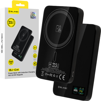 Blavec Power Bank 5000mAh BJ-04 Ultra Slim 7,8mm - Typ C - 22,5W magnetyczny indukcyjny Magsafe 3 w 1 (PBBJ04-MC5B) czarny szklany