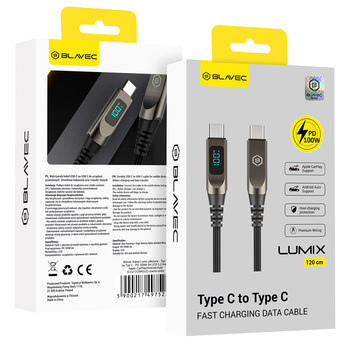 Blavec Kabel Lumix pleciony - Typ C na Typ C - PD 100W 5A wyświetlacz LED 1,2 metra Apple CarPlay/Android Auto (CLU-CC5BG12) czarno-szary
