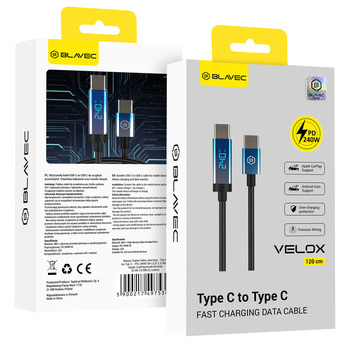 Blavec Kabel Velox pleciony - Typ C na Typ C - PD 240W 5A wyświetlacz LED 1,2 metra Apple CarPlay/Android Auto (CVE-CC5B12) czarny