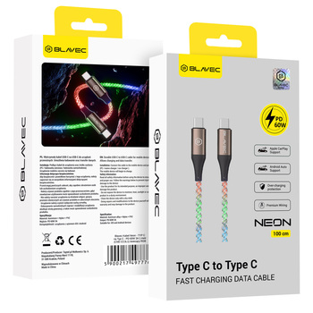 Blavec Kabel Neon - TYP C na Typ C - PD 60W 3A 1 metr Apple CarPlay/Android Auto (CNE-CC3L1) świecący RGB