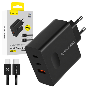 Blavec Ładowarka sieciowa BC-11 GaN - USB + 2xTyp C - QC PD 65W 3A z kablem Typ C na Typ C (TCBC11G-U2CB653A) czarna