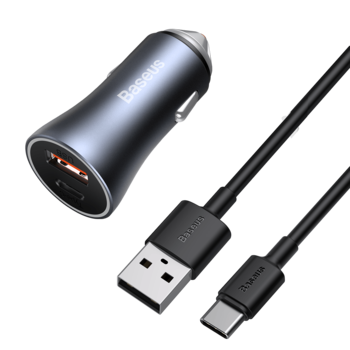 Baseus Ładowarka samochodowa Golden Contactor Pro - USB + Typ C - QC 4.0+ PD 3.0 40W 3A z kablem USB na Typ C (TZCCJD-0G) szara