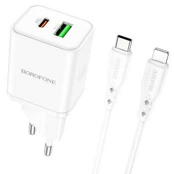 Borofone Ładowarka sieciowa BN7 - USB + Typ C - QC 3.0 PD 20W z kablem Typ C na Lightning biała