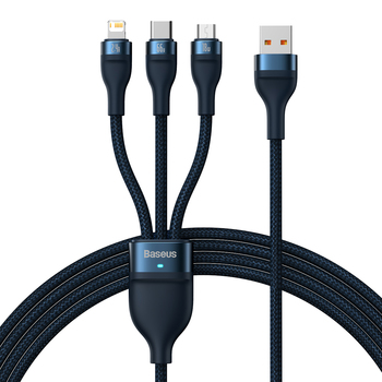 Baseus Kabel Flash Series II 3 w 1 - USB na Typ C, Lightning, Micro USB - 66W 6A 1,2 metra (CASS040003) niebieski