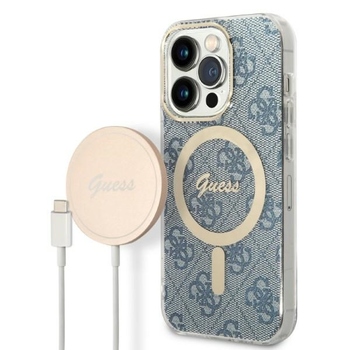 Oryginalna Ładowarka Indukcyjna GUESS Magsafe + etui 4G Print GUBPP14LH4EACSB do Iphone 14 Pro niebieski