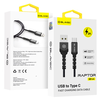 Blavec Kabel Raptor pleciony - USB na Typ C - 2A 3 metry Apple CarPlay/Android Auto (CRA-UC2BG30) czarno-szary