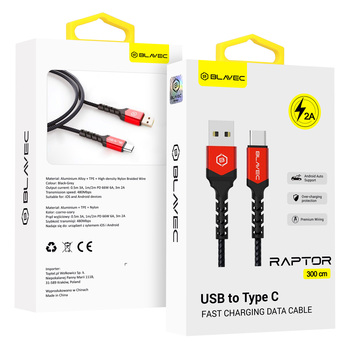 Blavec Kabel Raptor pleciony - USB na Typ C - 2A 3 metry Apple CarPlay/Android Auto (CRA-UC2BR30) czarno-czerwony