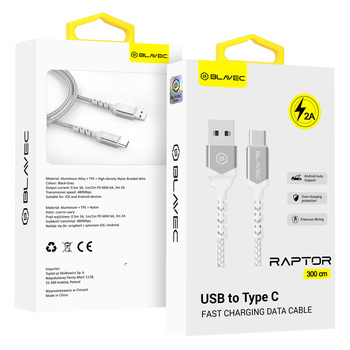 Blavec Kabel Raptor pleciony - USB na Typ C - 2A 3 metry Apple CarPlay/Android Auto (CRA-UC2WS30) biało-srebrny