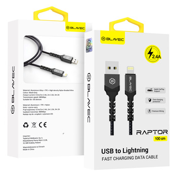 Blavec Kabel Raptor pleciony - USB na Lightning - 2,4A 1 metr Apple CarPlay (CRA-UL24BG10) czarno-szary