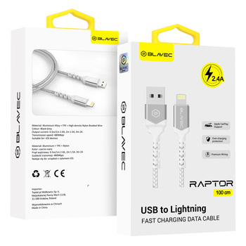 Blavec Kabel Raptor pleciony - USB na Lightning - 2,4A 1 metr Apple CarPlay (CRA-UL24WS10) biało-srebrny
