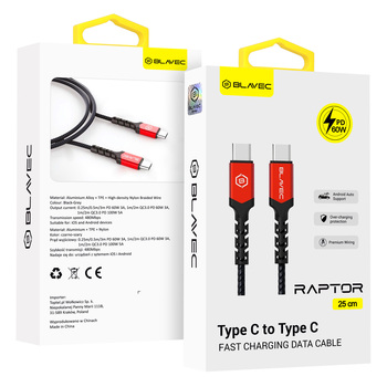Blavec Kabel Raptor pleciony - Typ C na Typ C - PD 60W 3A 0,25 metra Apple CarPlay/Android Auto (CRA-CC3BR025) czarno-czerwony