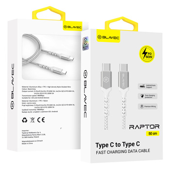 Blavec Kabel Raptor pleciony - Typ C na Typ C - PD 60W 3A 0,5 metra Apple CarPlay/Android Auto (CRA-CC3WS05) biało-srebrny