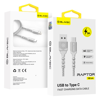 Blavec Kabel Raptor pleciony - USB na Typ C - 3A 1 metr Apple CarPlay/Android Auto (CRA-UC3WS10) biało-srebrny