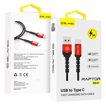 Blavec Kabel Raptor pleciony - USB na Typ C - 3A 2 metry Apple CarPlay/Android Auto (CRA-UC3BR20) czarno-czerwony