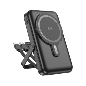 Borofone Power Bank 10000mAh BJ67 Clever - USB + Typ C - QC 3.0 22,5W + PD 20W magnetyczny z ładowaniem indukcyjnym z kablami Typ C, Lightning i USB czarny